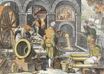 Uppfinningen av krutet och den första gjutningen av bronskanoner, plansch 4 ur «Nova Reperta» (Nya upptäckter), graverad av Philip Galle (1537-1612), cirka 1600 (senare kolorering)